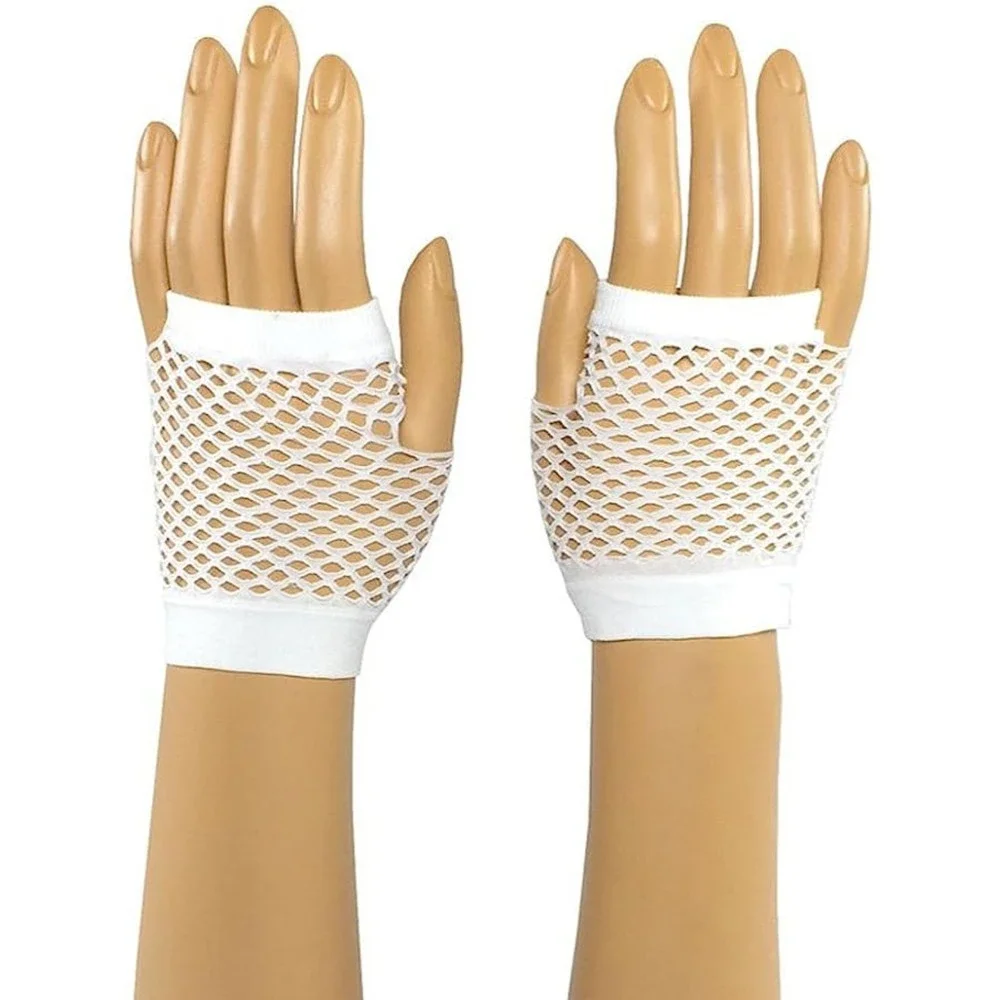 Fishnet Gloves 80s Costume Accessories Fingerless Short Fish Net Glove White